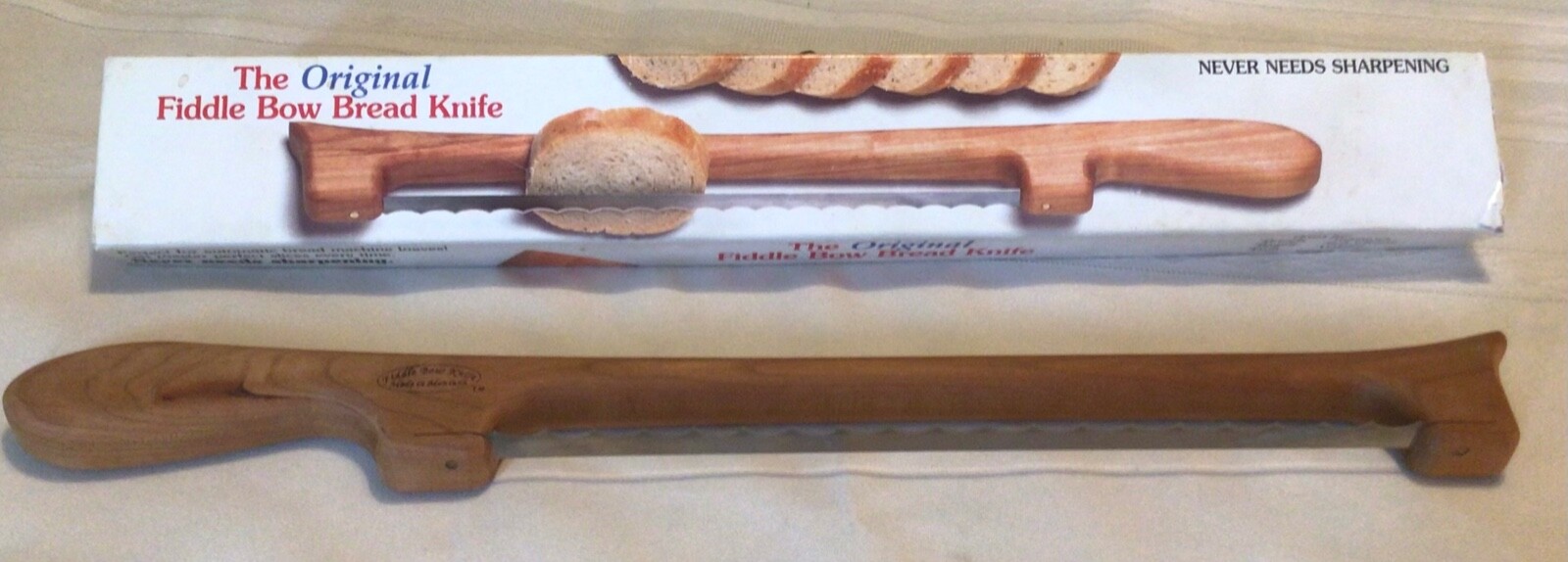 VINTAGE FIDDLE BOW BREAD KNIFE ORIGINAL BOX RIGHT HAND CHERRY WOOD HAND MADE
