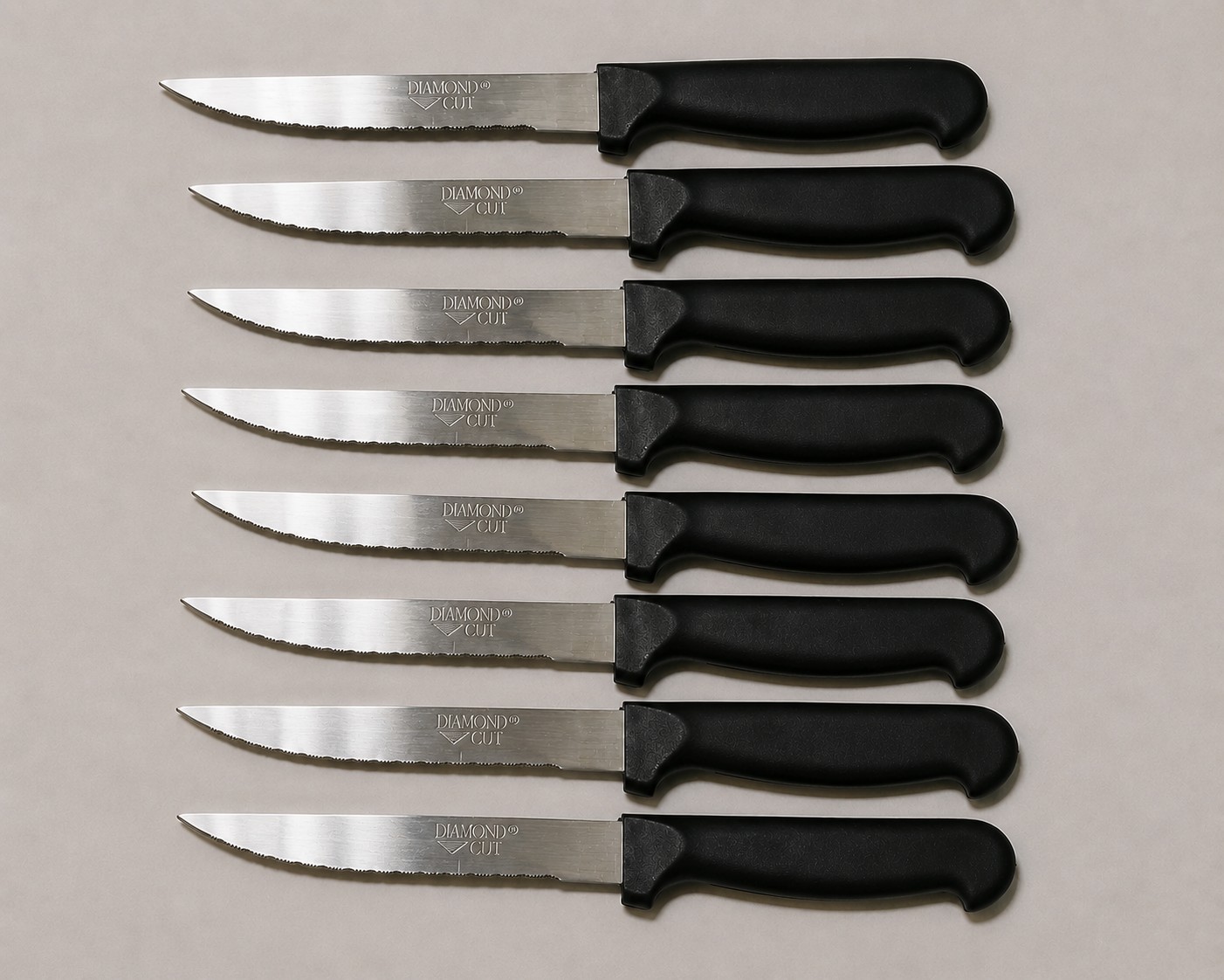DIAMOND CUT Steak Knives Set of 8 Serrated Stainless Steel Black Handle Kitchen