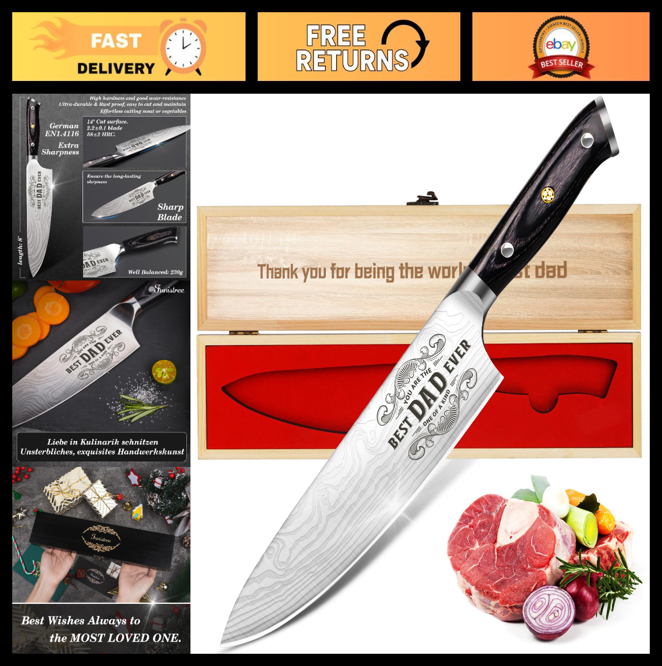 Best Dad Ever Kitchen Knife Gift Set – 8″ Professional Chef Knife & Wooden Box,