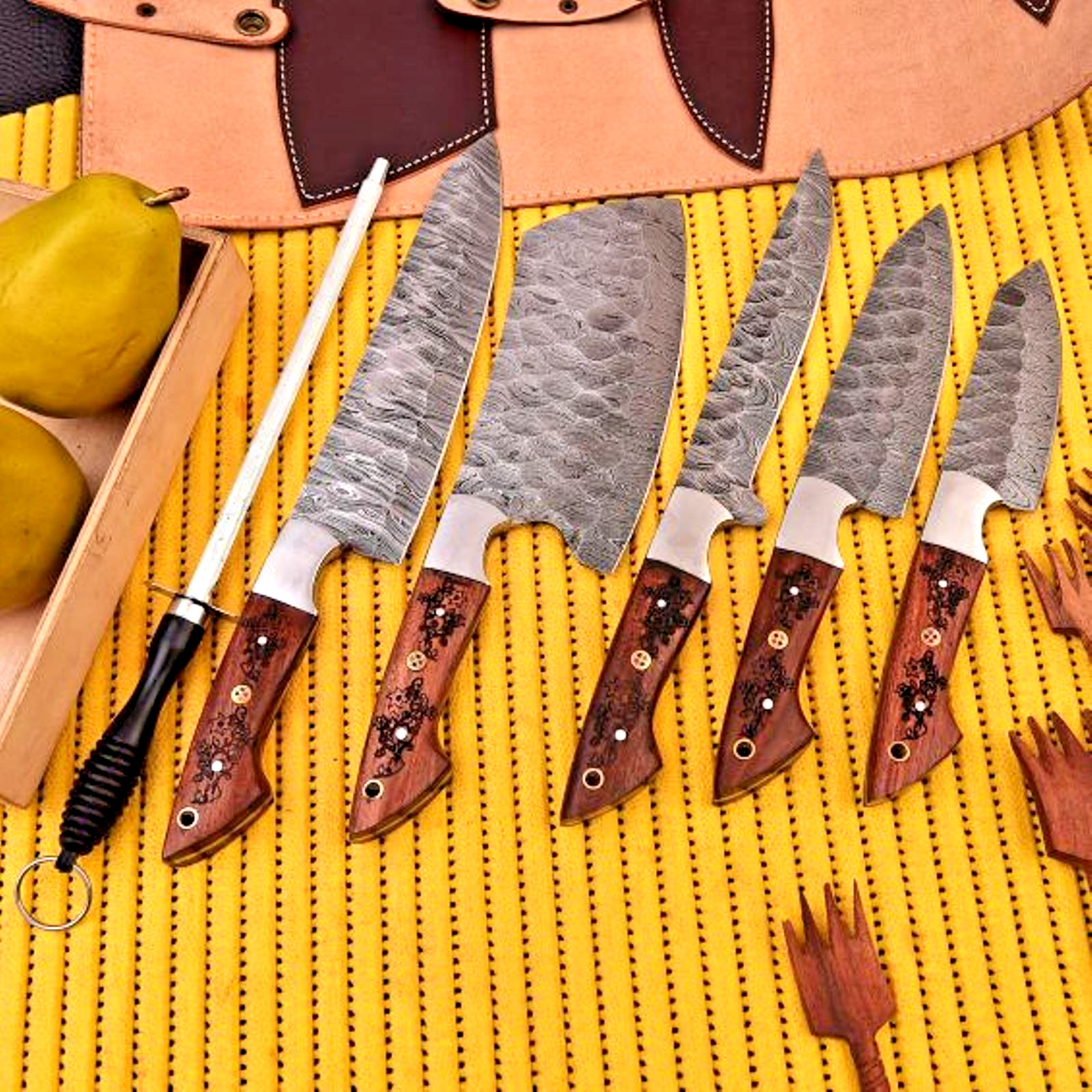 5 Pc Hand Forged Damascus Kitchen Chef Knife Set Rosewood Handle Leather Roll