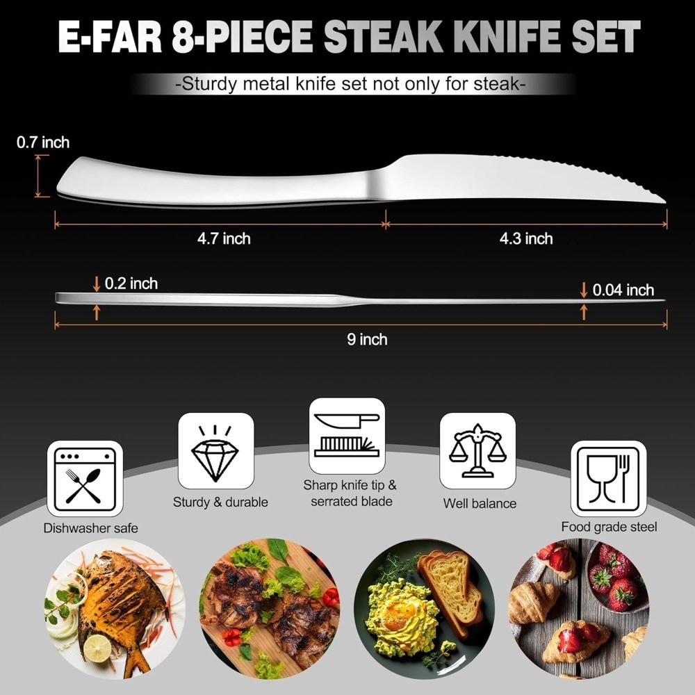 Serrated Steak Knives Set of 8 Stainless Steel Dinner Knives for Home Kitchen