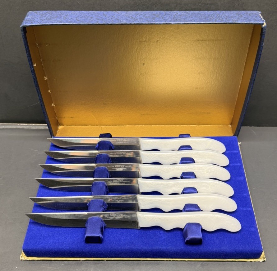 Vintage Set Of 6 Robinson Hollow Ground Knives Stainless Steel Blades