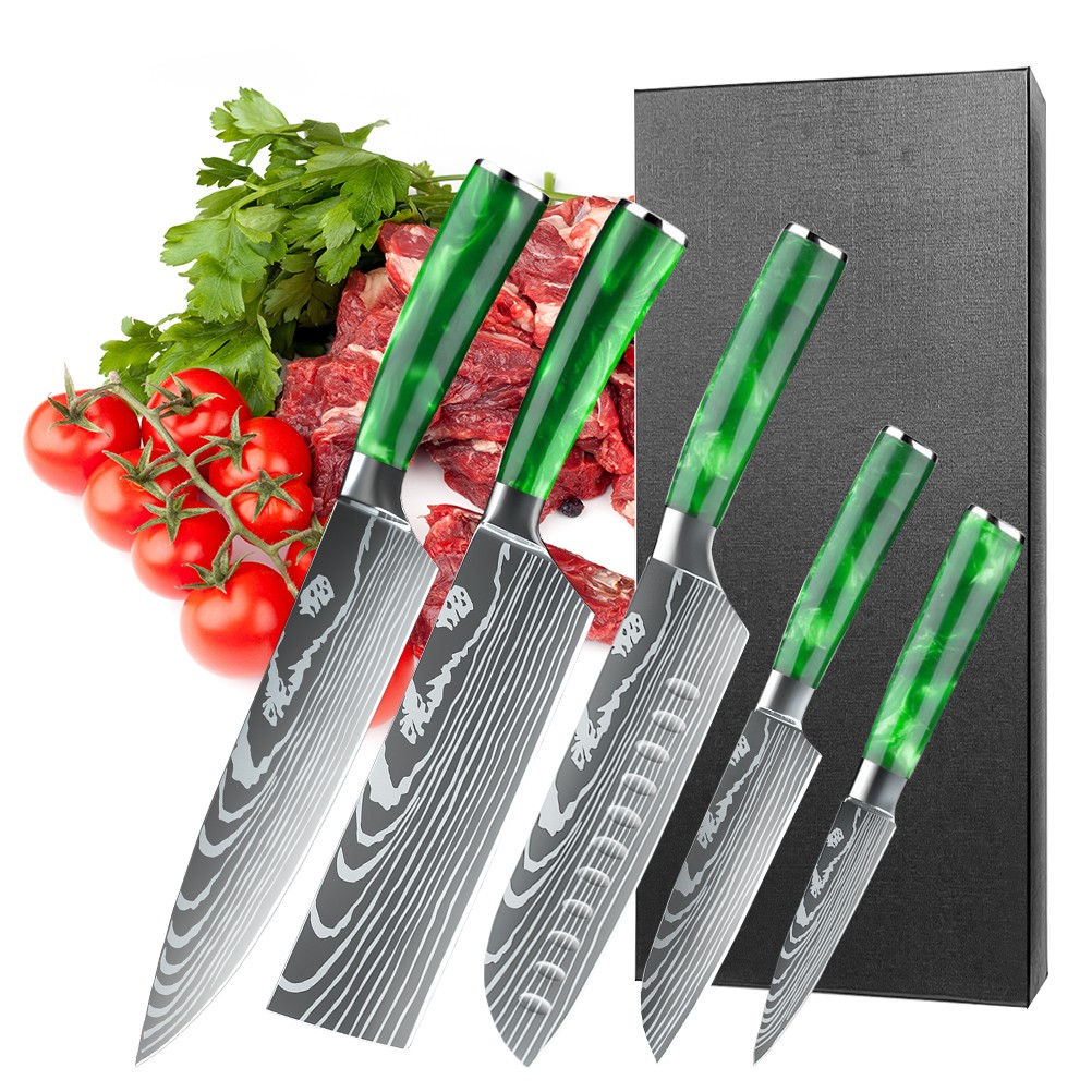 5PCS Chef Knife Set Japanese Damascus Steel Kitchen Knives Meat Cutting Cleaver