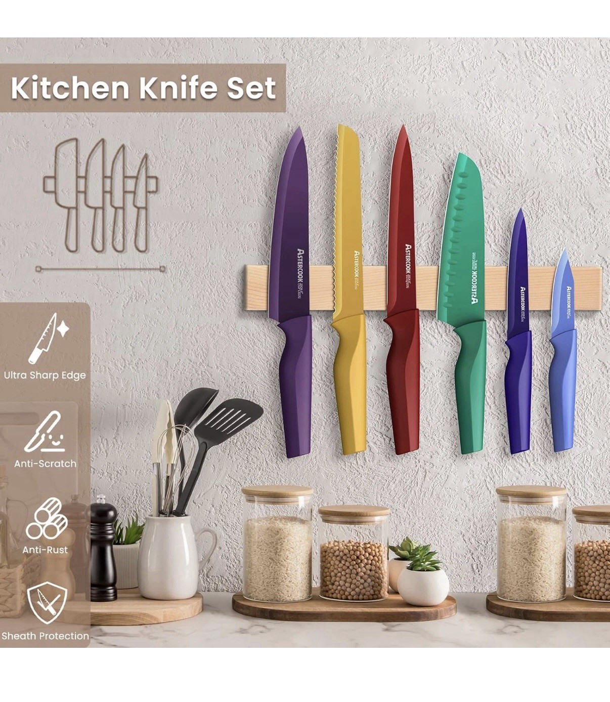Astercook Knife Set, 12 Pcs Color-Coded Kitchen Knives Set, 6 Color Anti-Rust Co