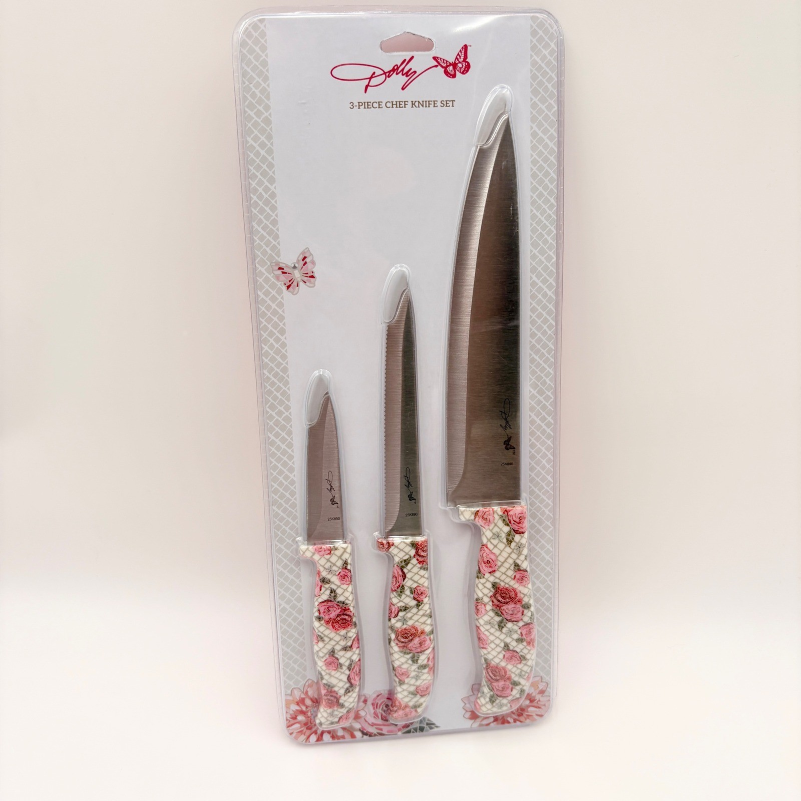 Dolly Parton 3-Piece Chef Knife Set Carbon Steel Floral Rose Pink White NEW