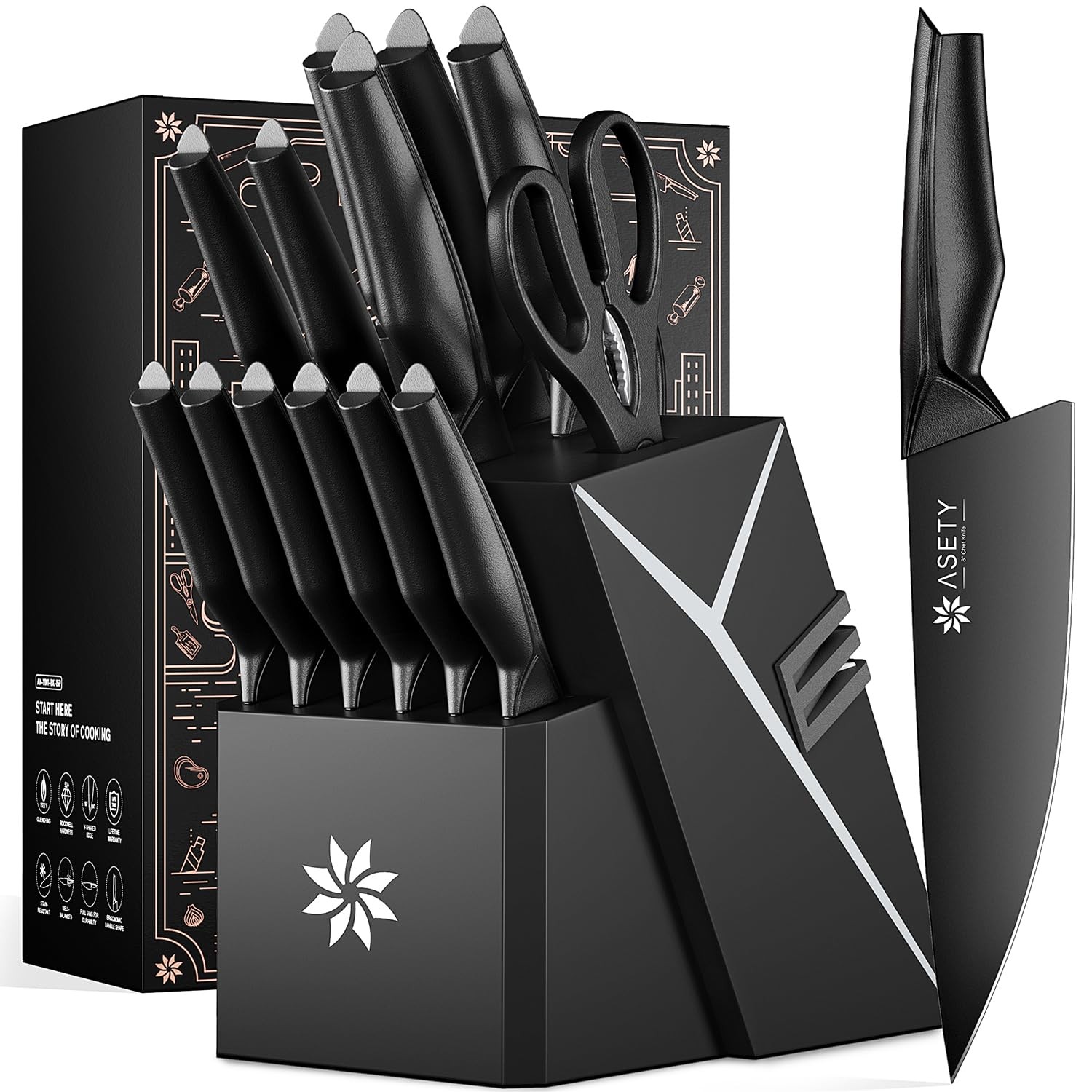 Kitchen Knife Sets with Block -15 PCS Knife Set with Bulti-in Sharpener, Dish…