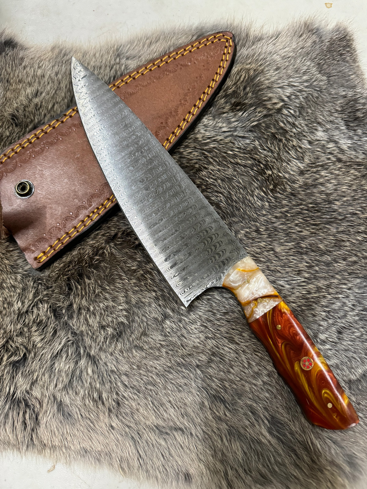 Hand-Forged Damascus Steel Chef Chef’s Knife Resin Handle Outdoor