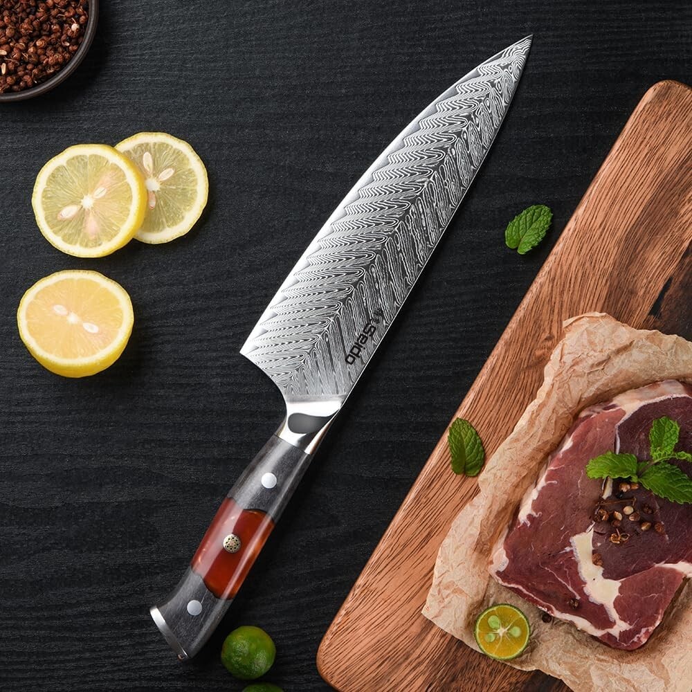 Seido Knives 8″ Inferuno Gyuto AUS10 Damascus Chef Knife Maple Wood Handle