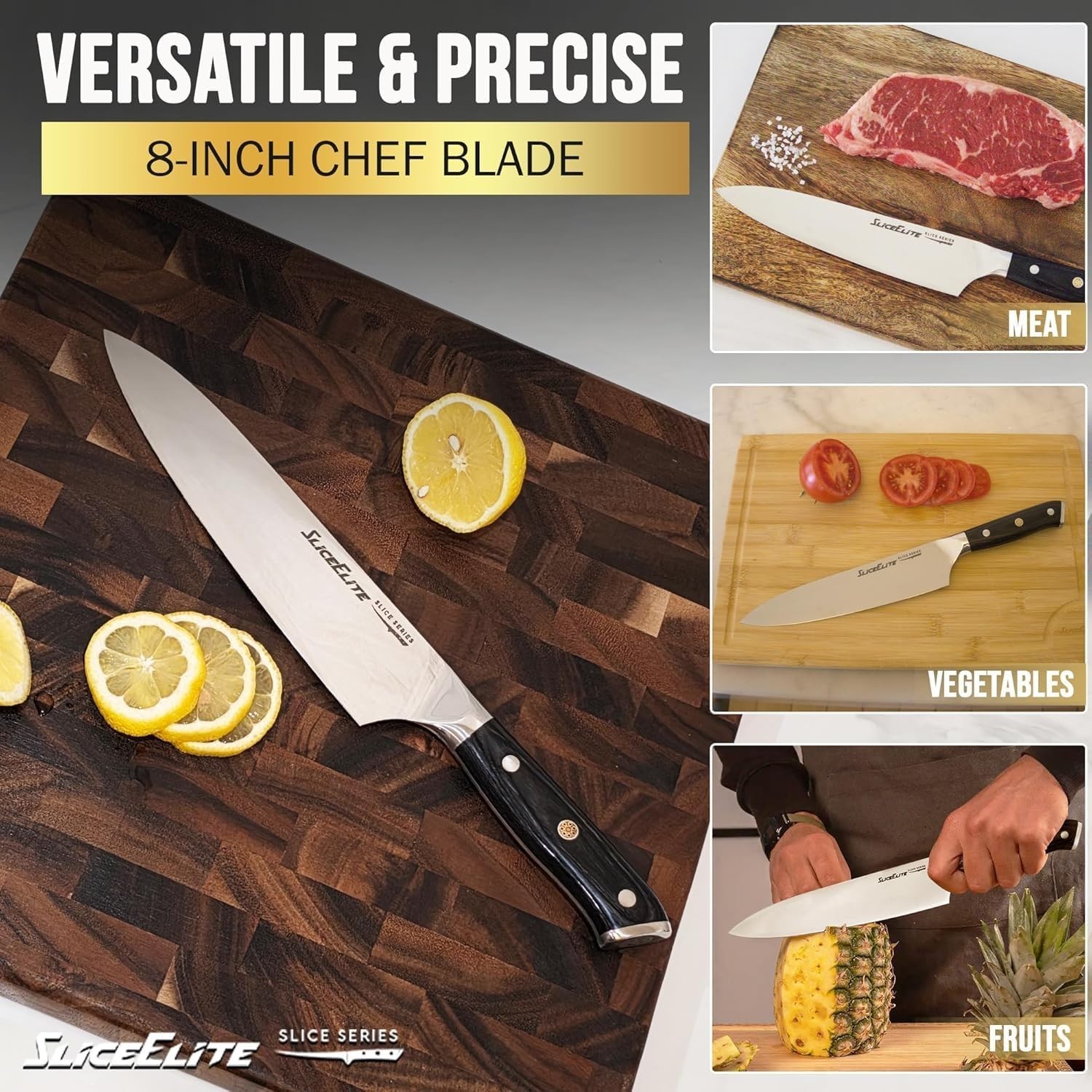 SliceElite 8 Inch Chef Knife High Carbon German Steel Pakkawood Handle Sharp