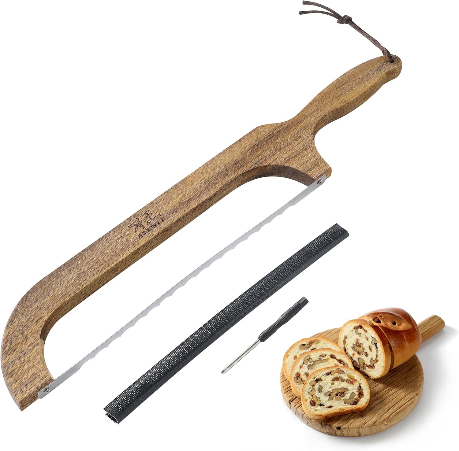 Serrated Bread Slicer, Stainless Steel Bow Knife, Sourdough Bread Knife, Wood