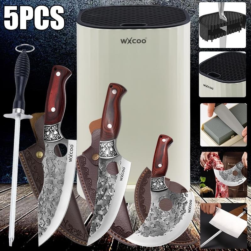 Stainless Steel Kitchen Knife Set with Rack Stand Sharpening Stone 5PCS