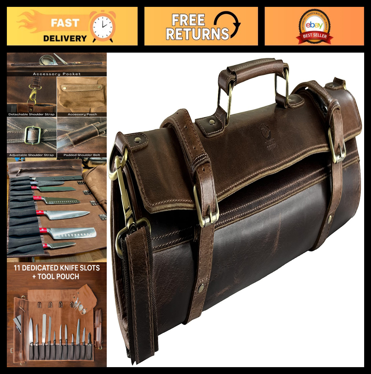 Genuine Leather Chef Knife Roll – Full-Grain Travel Case with Adjustable Strap &