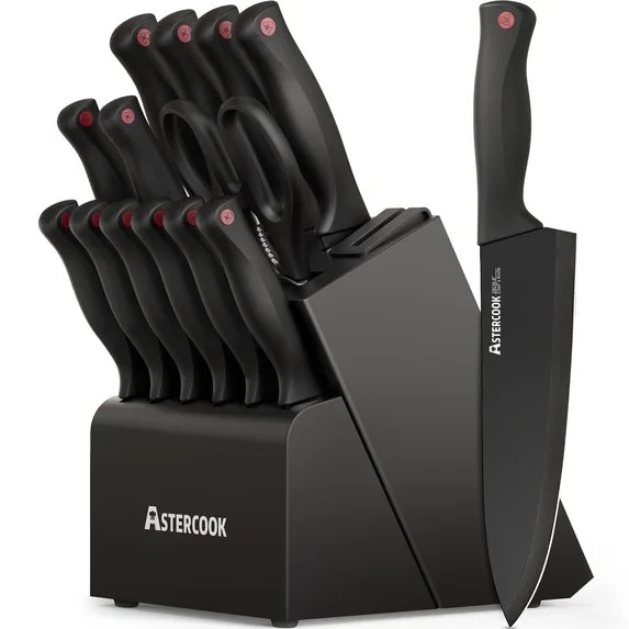 Astercook 14-Piece Kitchen Knife Set, Knives Block Set with Built-in Sharpener