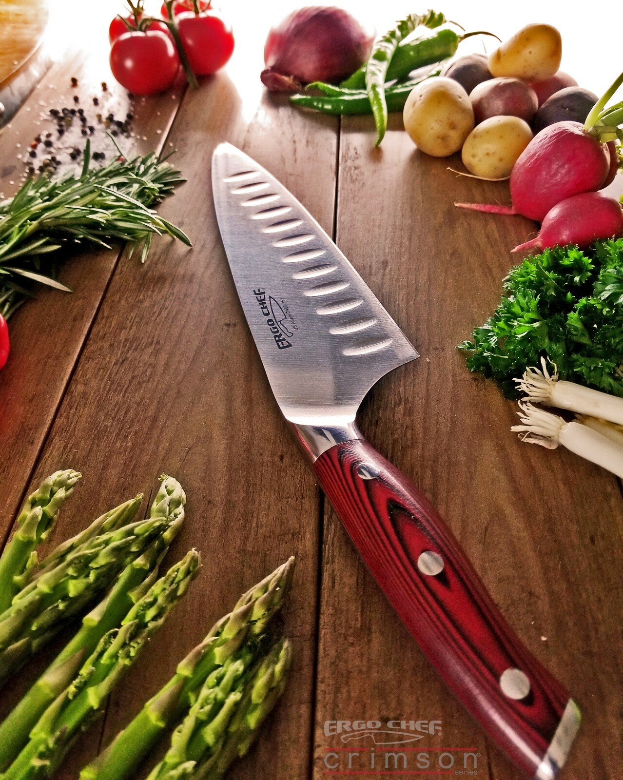 Ergo Chef 8″ Chef knife with Granton Edge German Steel CRIMSON Series