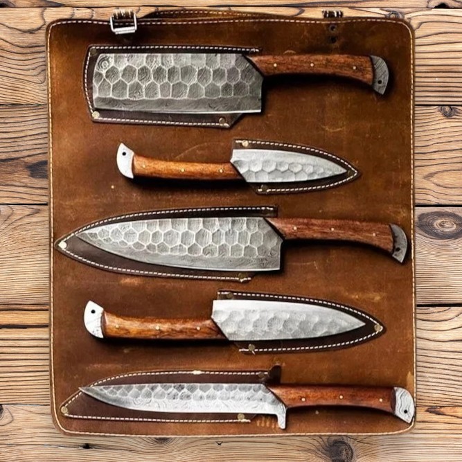 Damascus Chef Knife Set Hand Forged Kitchen Knives 5 Pcs Full Tang Leather Roll