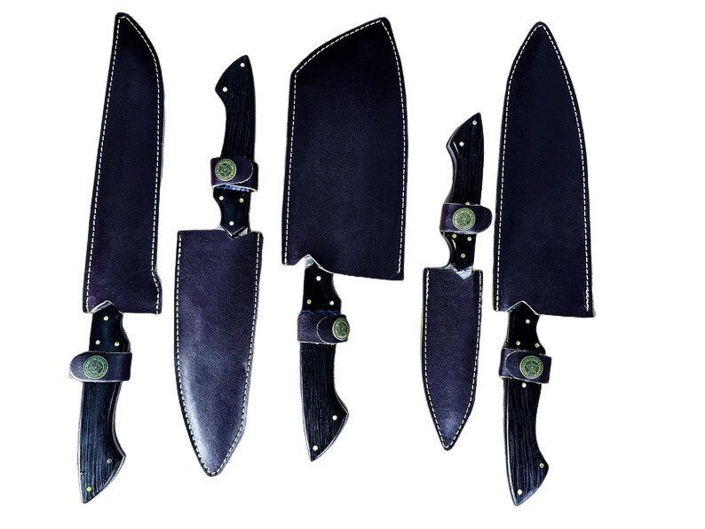 Damascus Chef Set Of 5 Pcs & Leather Roll, Japanese Kitchen Knives Set