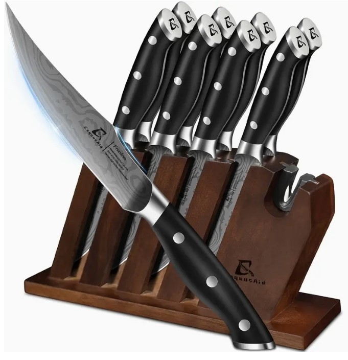Steak Knives Set Of 8 with Block Built-in Sharpener, 4.8 Inch Non Serrated Razor