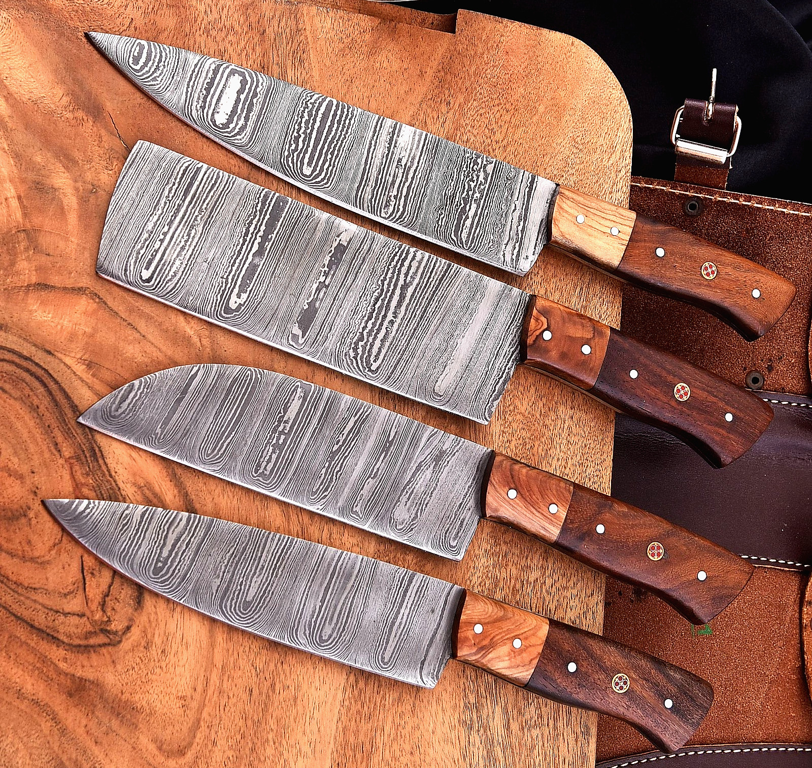 Custom Hand Made Forged Damascus Steel Chef Knife Set Kitchen Knives 1590