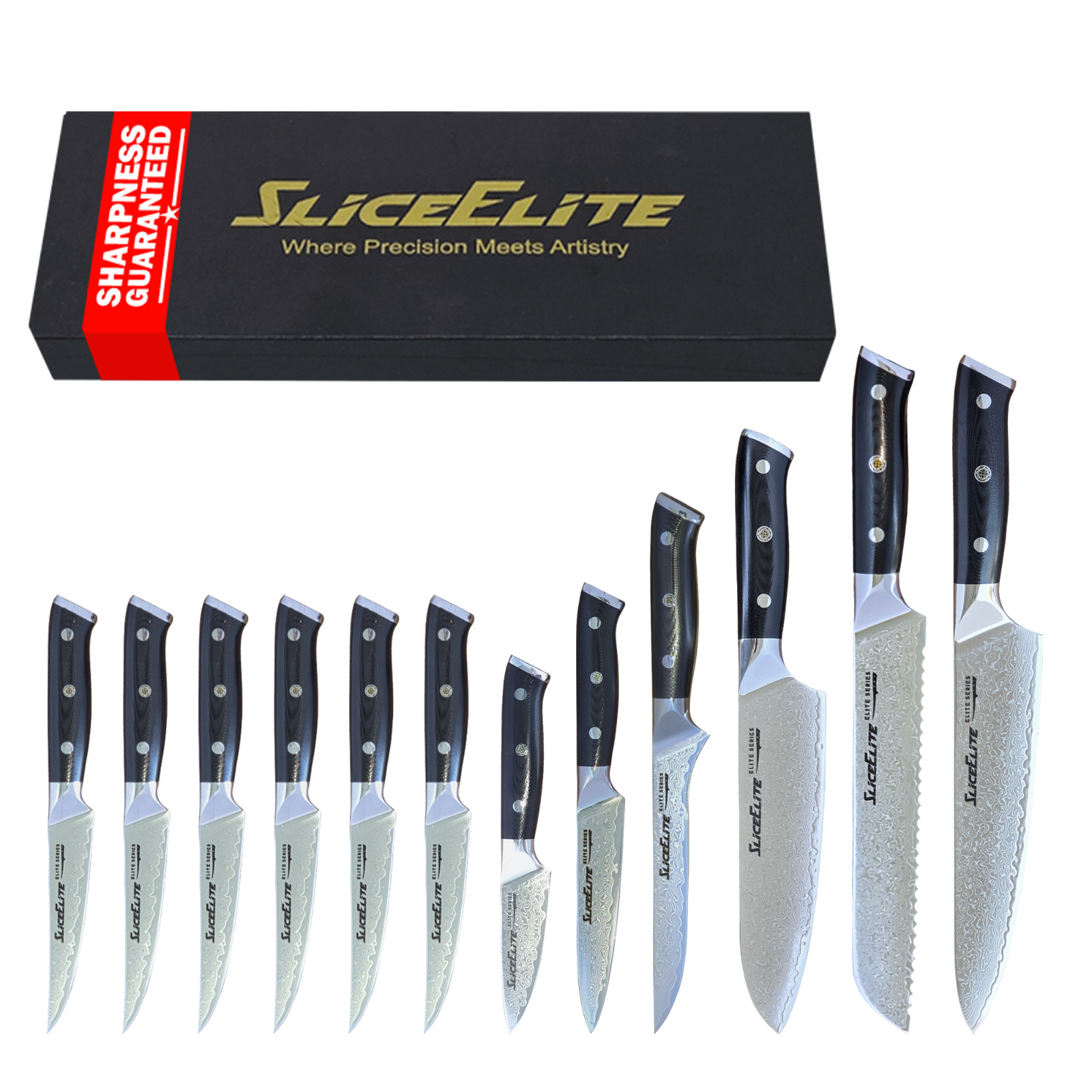 SliceElite Elite 12pc Damascus Knife Set VG10 Steel G10 Handle Gift Box