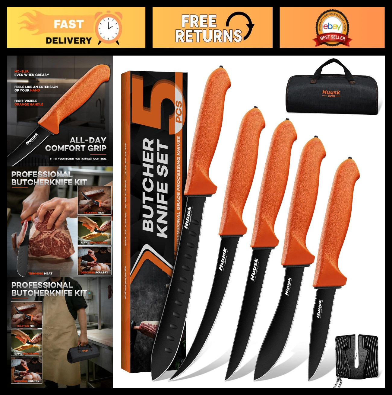 5pcs Professional Butcher Knife Set – German Stainless Steel Meat Processing Kit