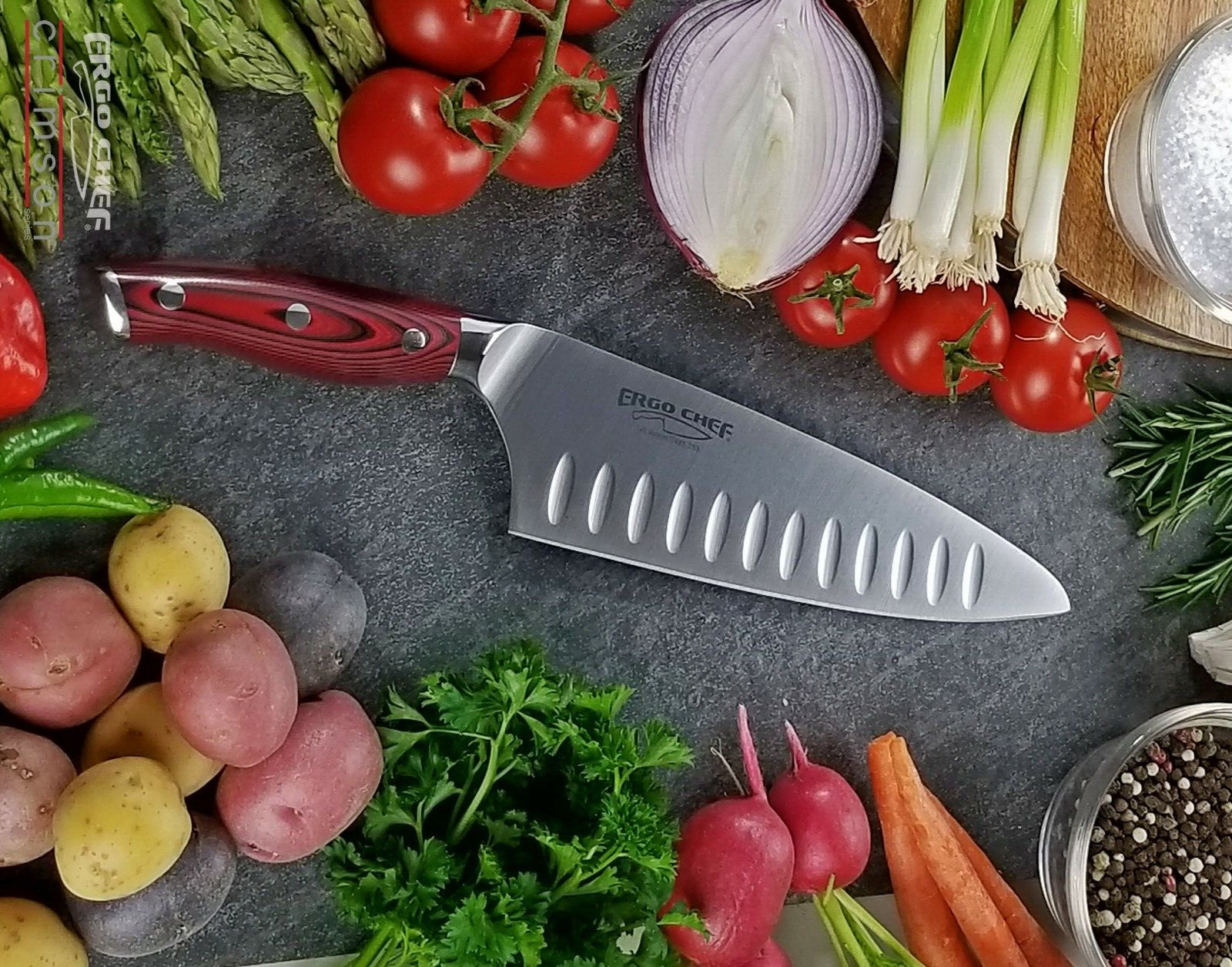 Ergo Chef 8″ Chef knife with Granton Edge German Steel CRIMSON Series