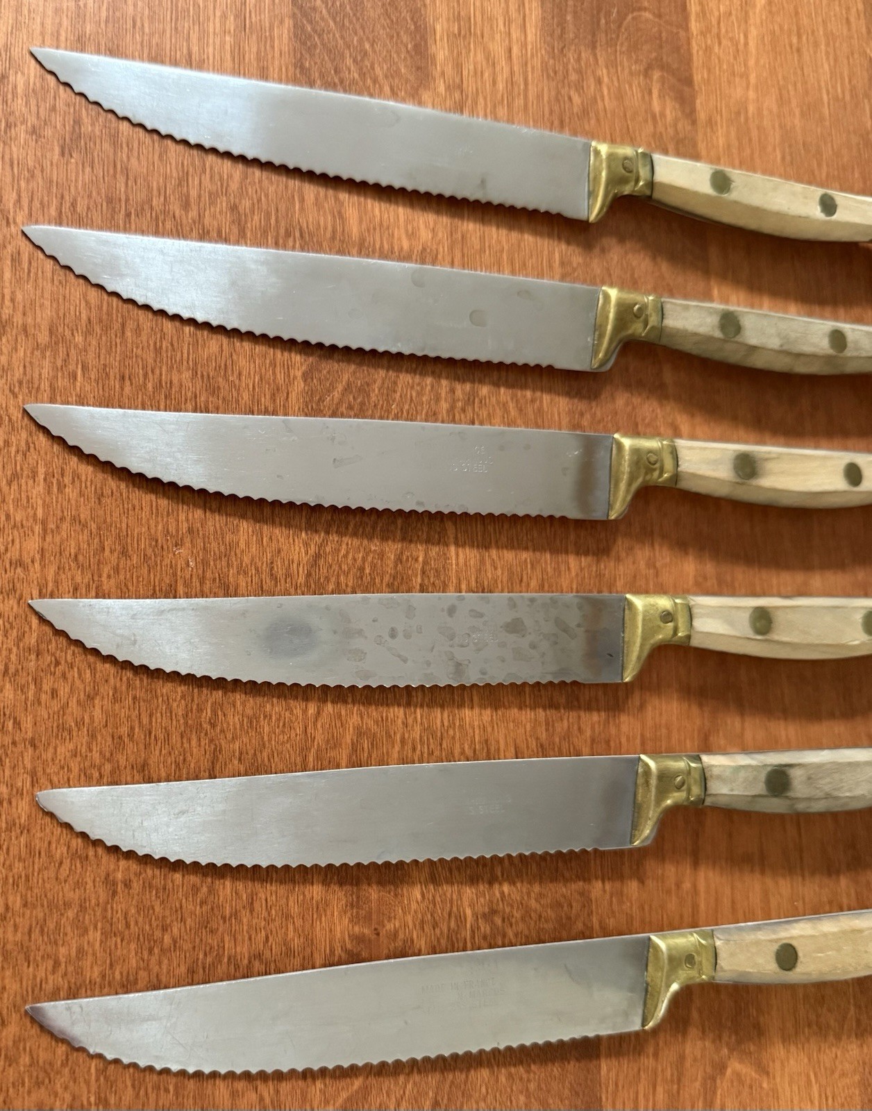Vintage 60’s Neiman Marcus 6 Pc Steak Knife Set Brass Wood Dagger Handle, France