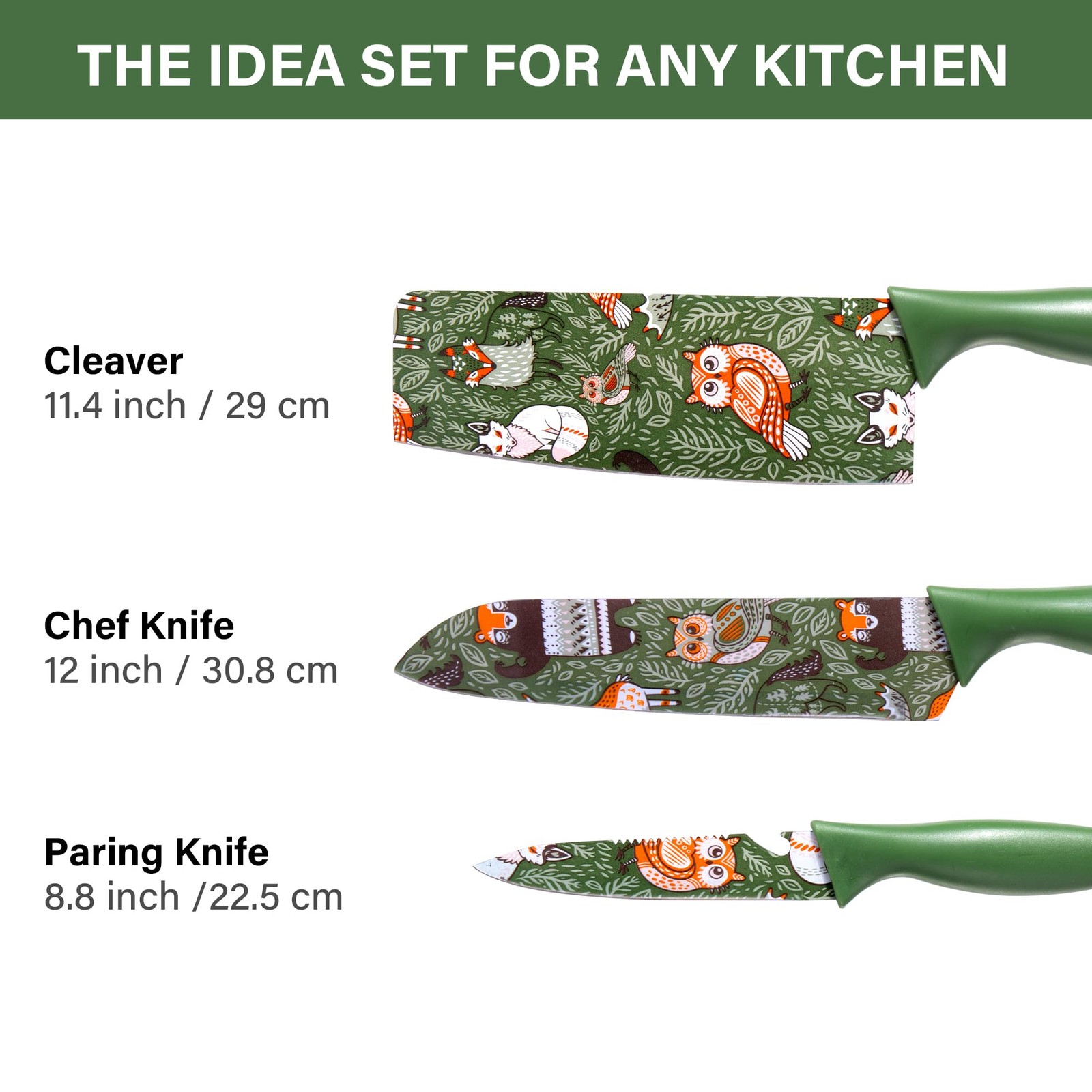 Colorful Knife Set 3 PCS Green Color-Coded Coated Stainless Steel Kitchen