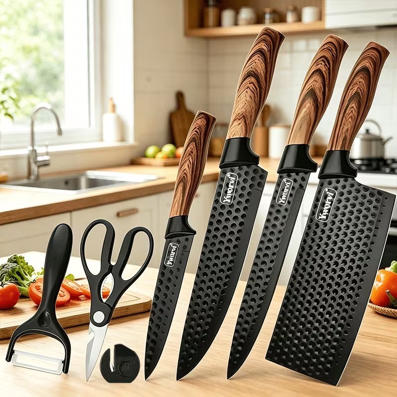7 Pcs Professional Kitchen Knife Set Stainless Steel Chef Scissors Block