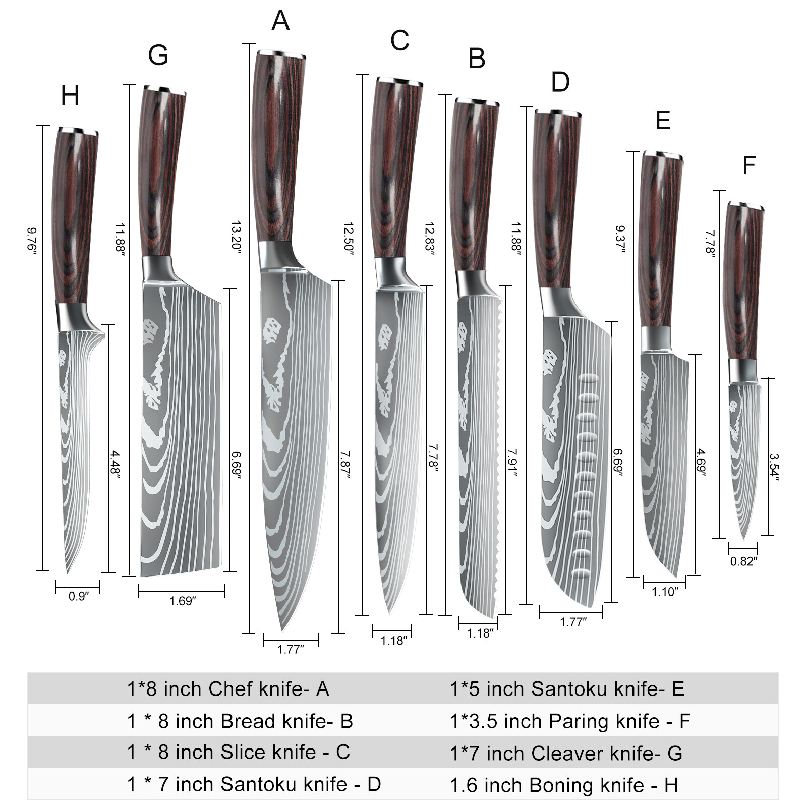 8PCS Kitchen Knives Set Damascus Style Stainless Steel Chef’s Knife Professional