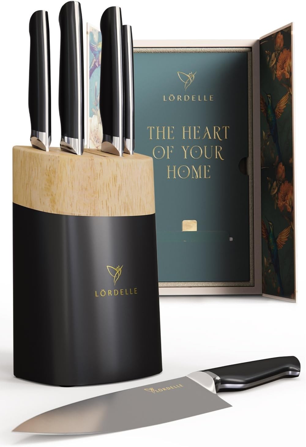 LORDELLE Knife Block Set – 5 Piece Set – Black Vintage Ink – Lifestyle Home K…