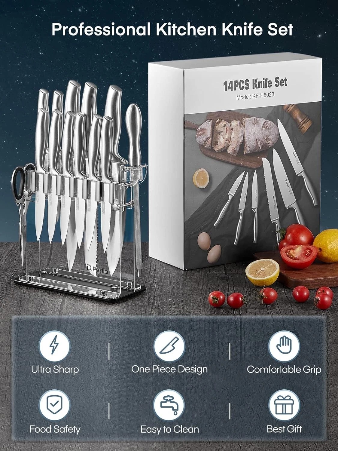 Professional Kitchen Knife Set 14 Pieces Stainless Steel Knives with Holder
