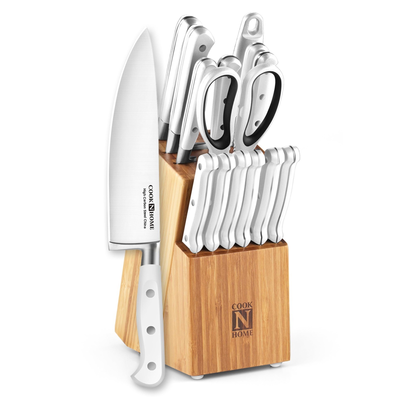 15-Piece Bamboo Kitchen Knife Block Set, High Carbon Stainless Steel Cutlery