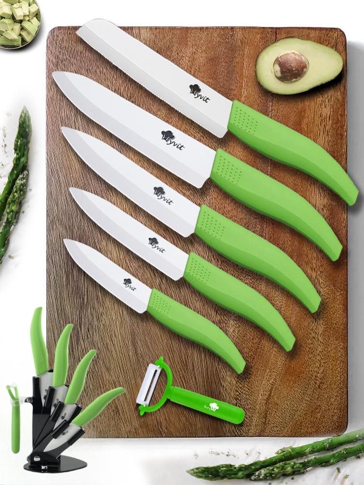 Green Set Ceramic Knives with Holder Fruit Utility Slicing Chef Knives Kitchen