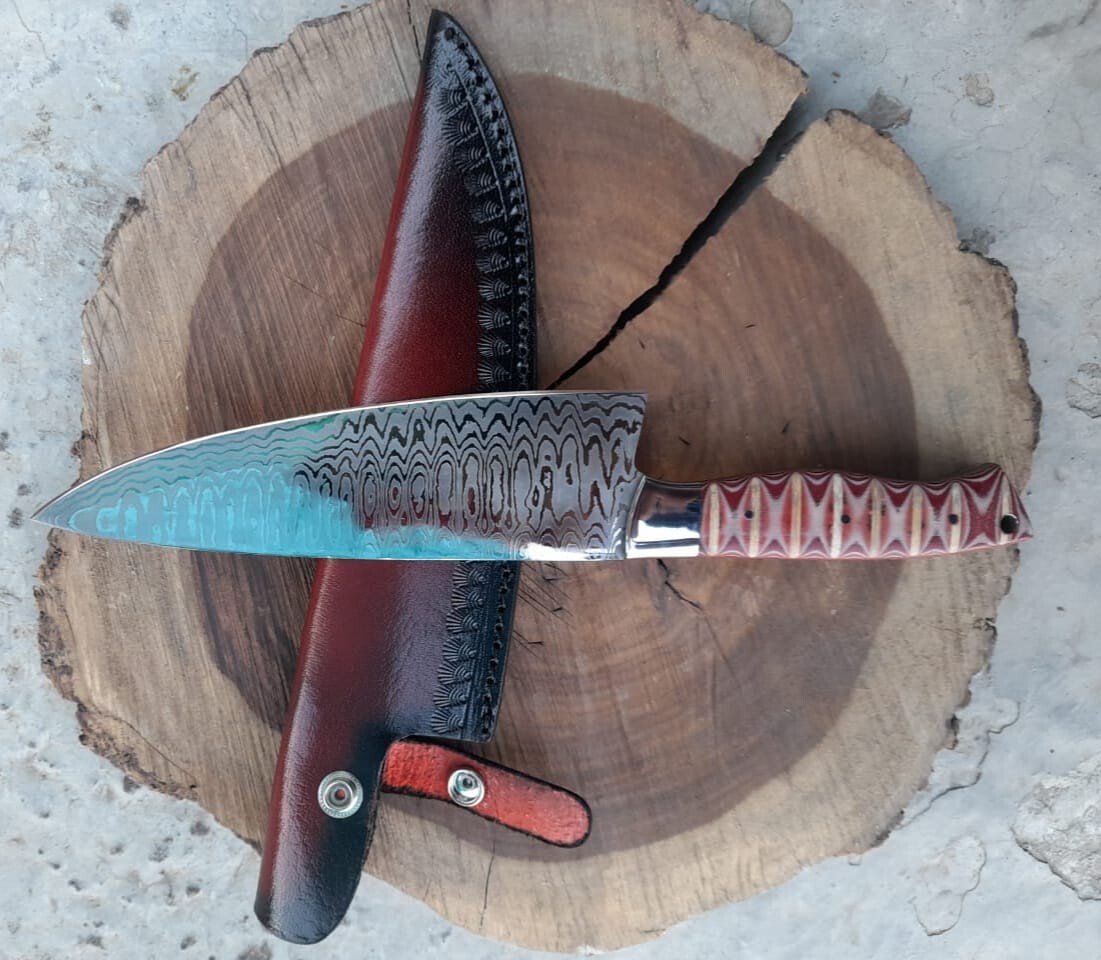 Handmade 13 inches Chef Knife Damascus Steel With Leather sheath Handle Resin
