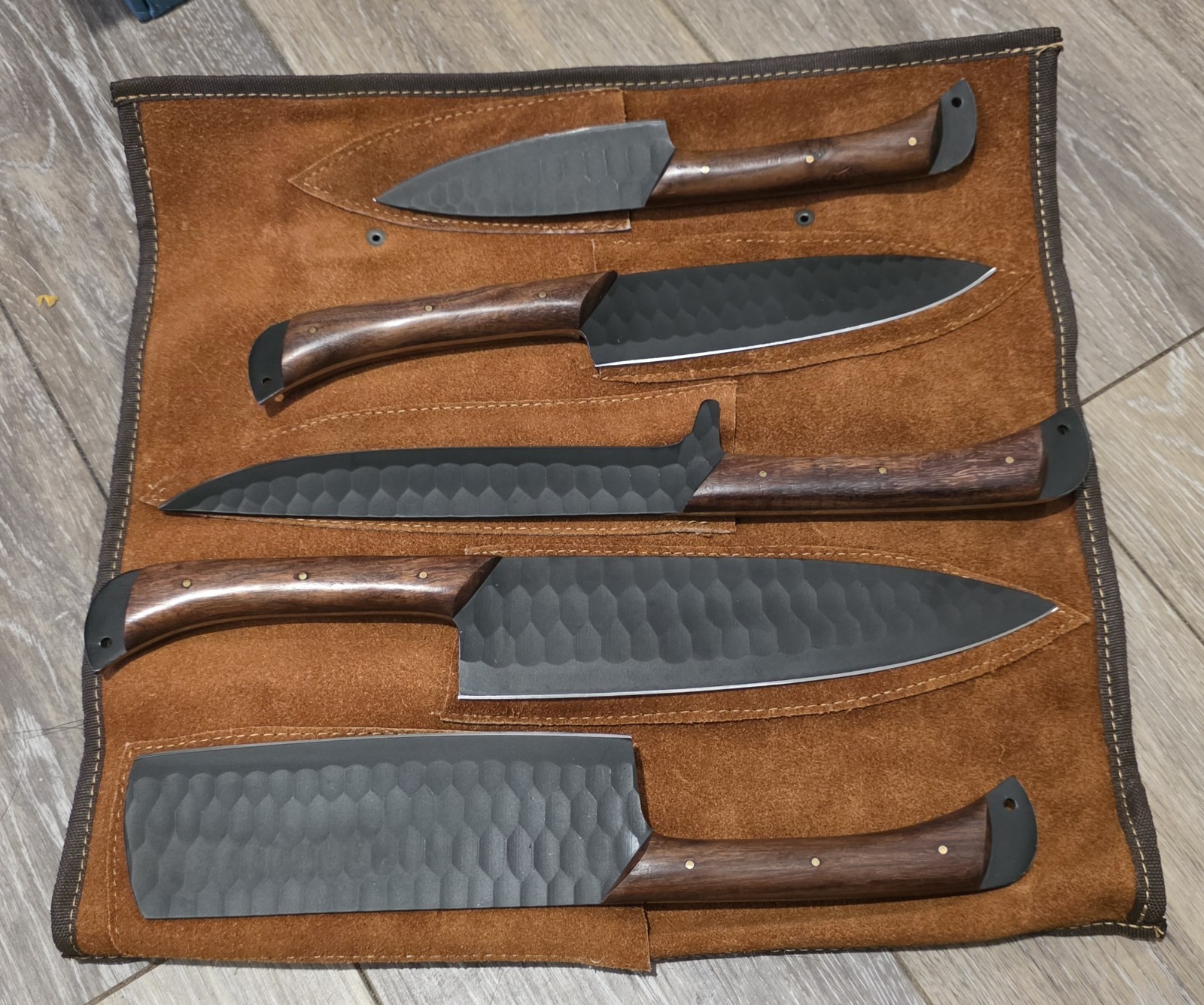 6-Piece Kitchen Knife Set w/ Leather Knife Roll, Wood Handles, Chef & Cleaver