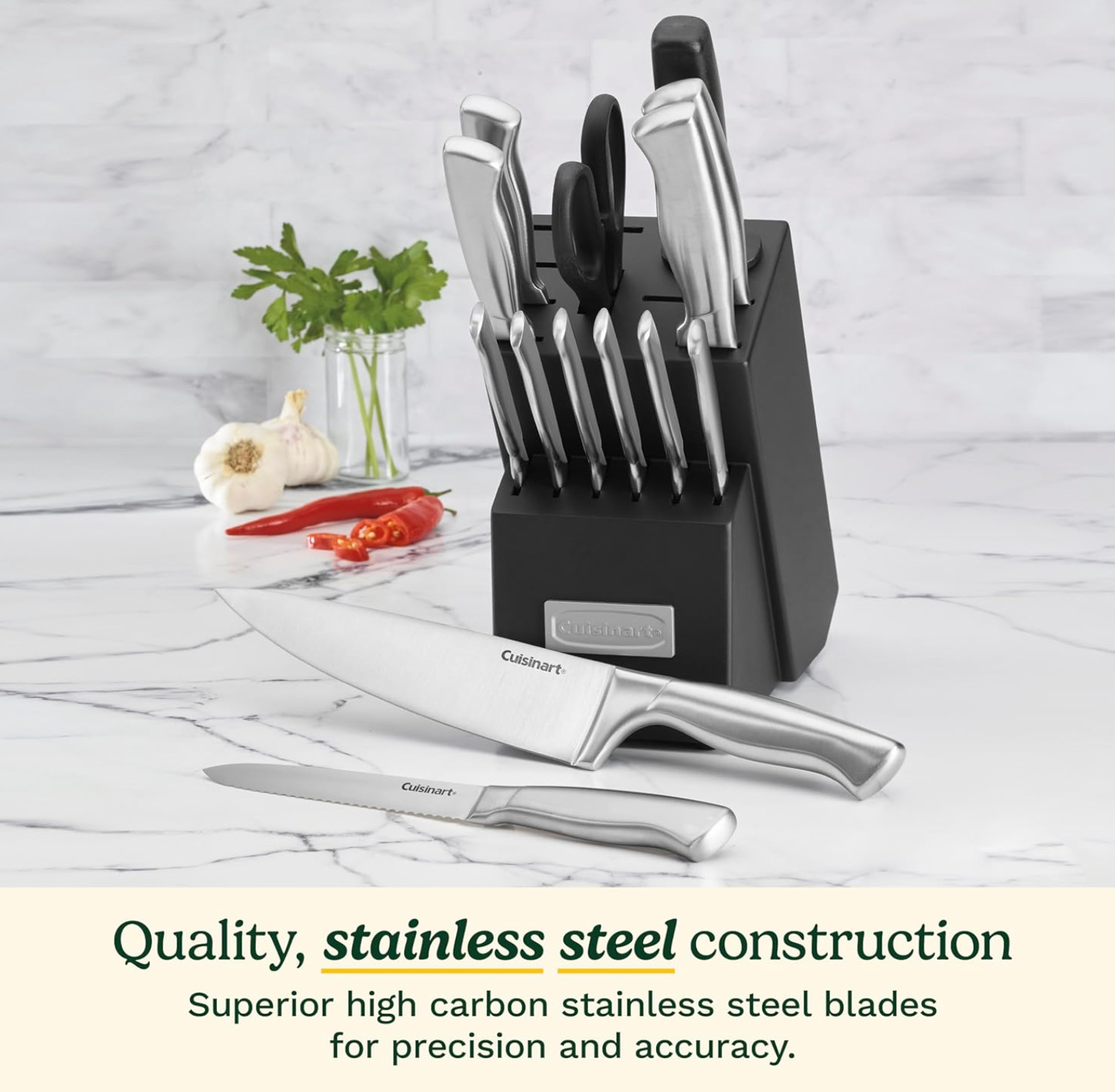 CUSINART CLASSIC STAINLESS STEEL 15 PIECE CULTERY SET KNIFE BLOCK SILVER NIB NEW
