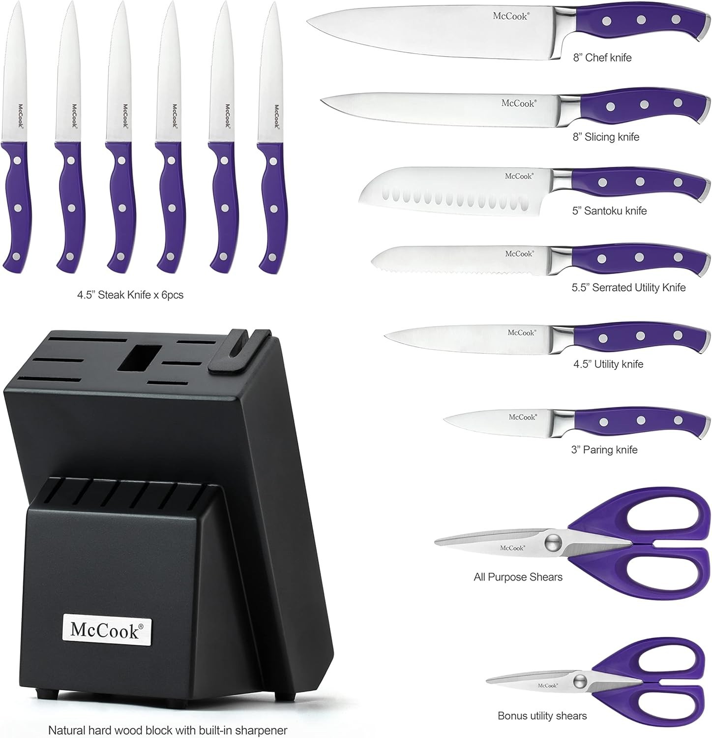 Elegant Purple 14-Piece Kitchen Knife Set – Ergonomic Handles, Sharp & Durable