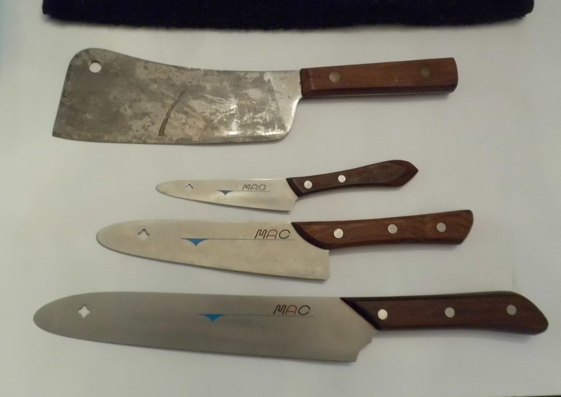 Vtg Set of 3 MAC Japanese Knives Stainless Blades Wood Handles (+ Cleaver/*Read)