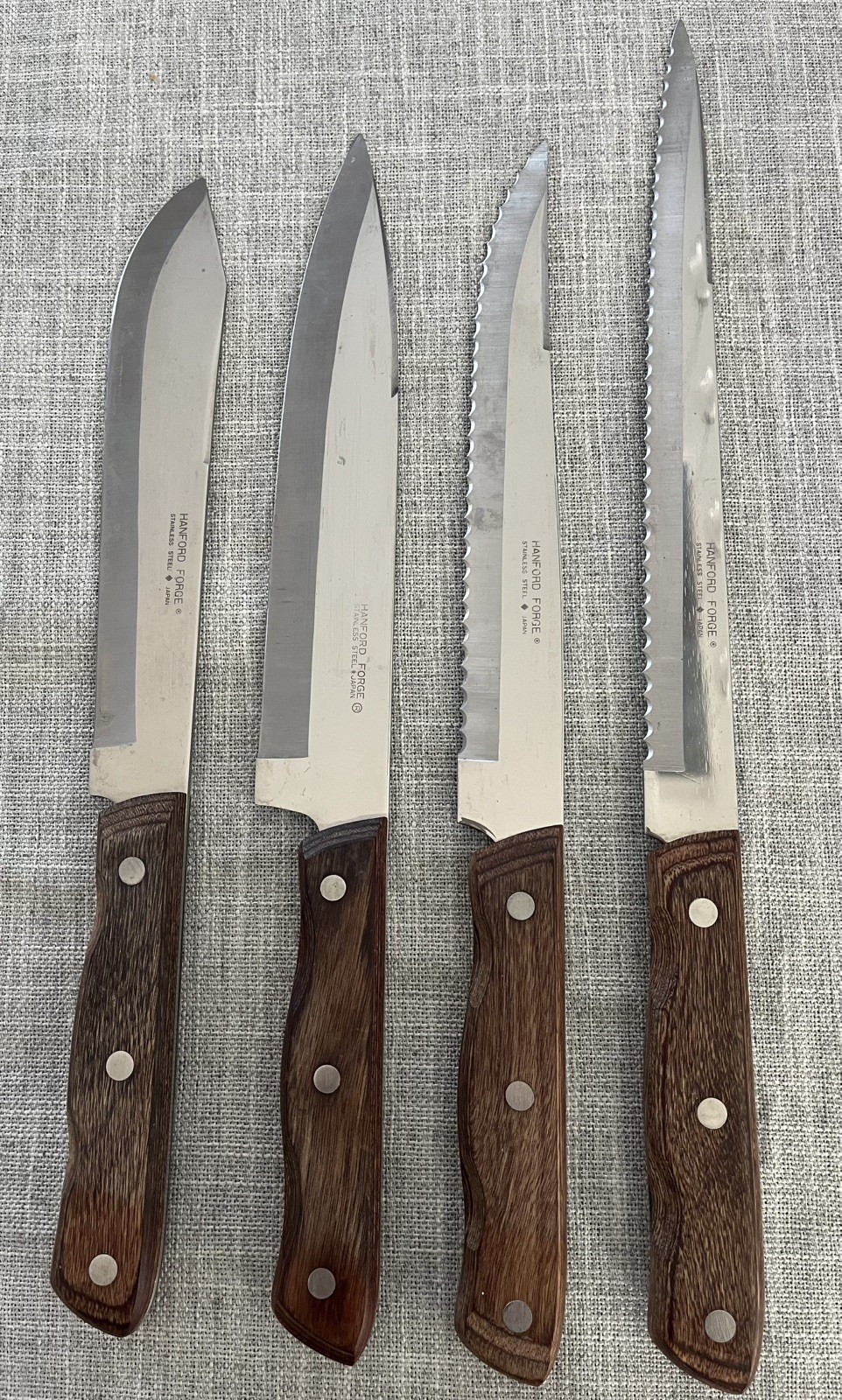 Vintage Set of 4 Hanford Forge Stainless Steel Steak Knife Wood Handle Japan