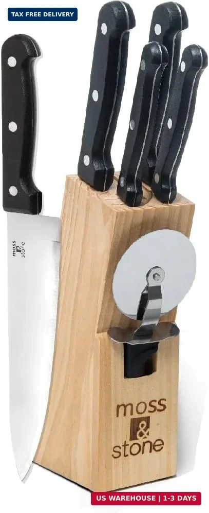 Moss & Stone 7-Piece Kitchen Knife Set with Block – Stainless Steel Serrated Kit