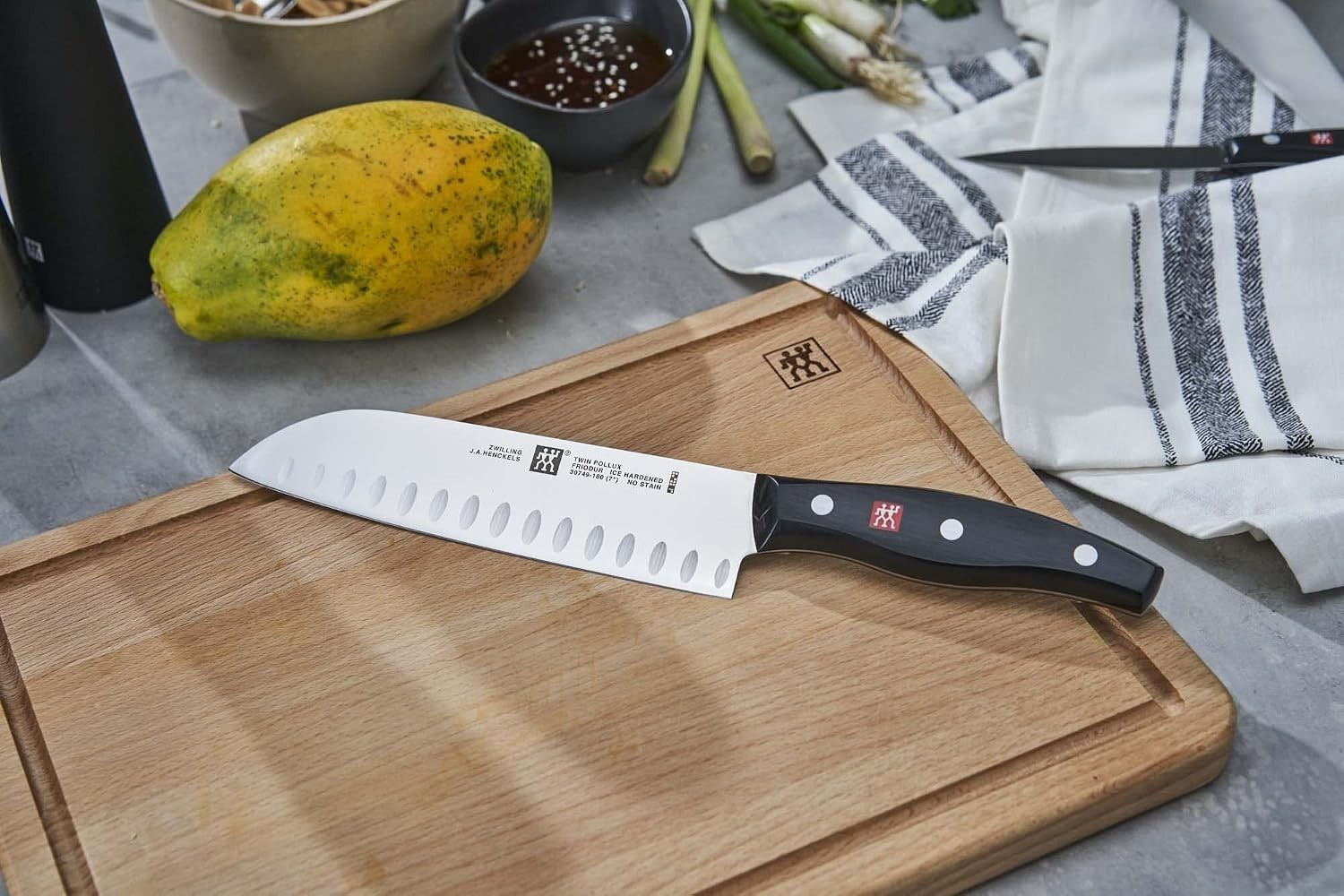 Twin Signature 7-inch Razor-Sharp German Hollow Edge Santoku Knife, Made in C…