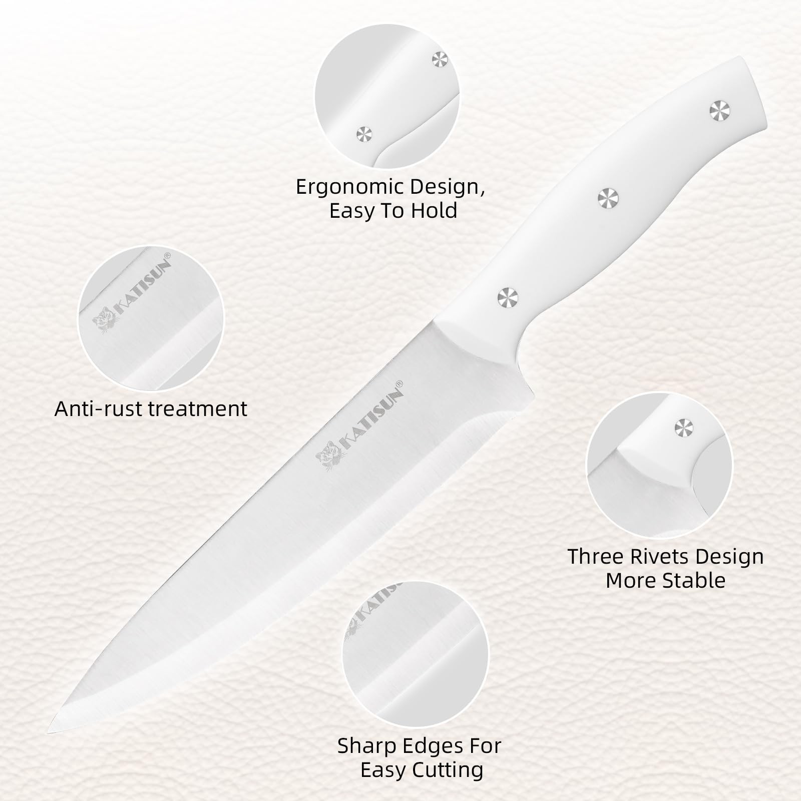 15-Piece White Kitchen Knife Set with Built-in Sharpening Stone, Ergonomic Tr…