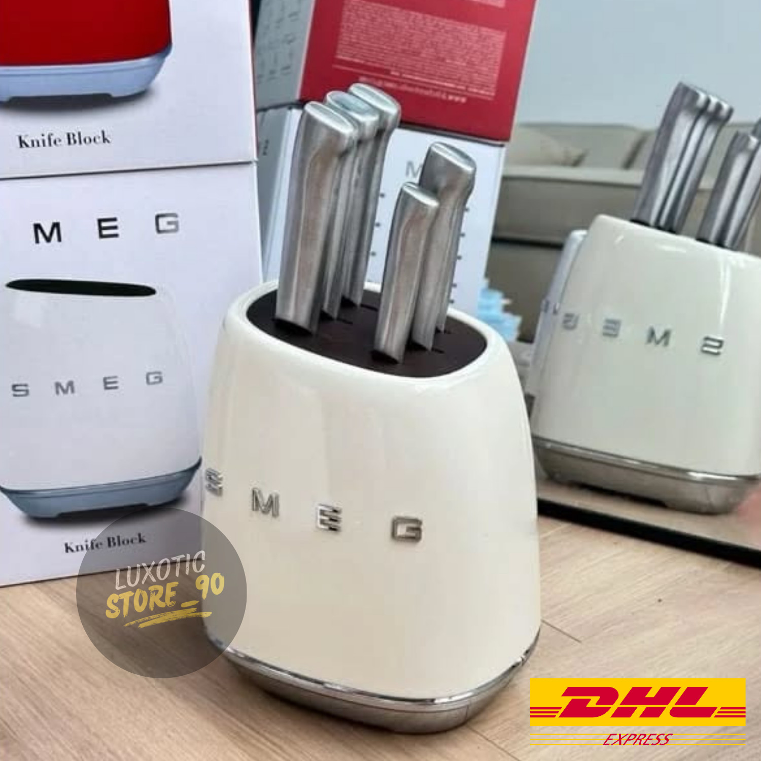 Smeg 7-Piece NEW knife Block set stainless steel Color Cream – FAST SHIPPING DHL