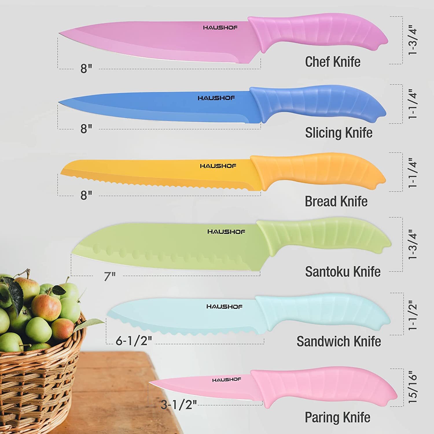 HAUSHOF 6PC Kitchen Knife Set Non-Stick Coated Stainless Steel Blades for Dicing