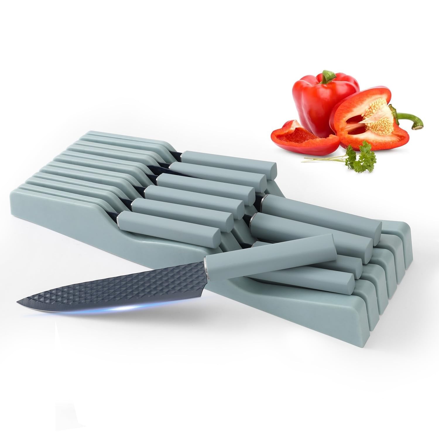 12 PCS Modern Knife Block Set Drawer Organizer Stainless Steel Blue