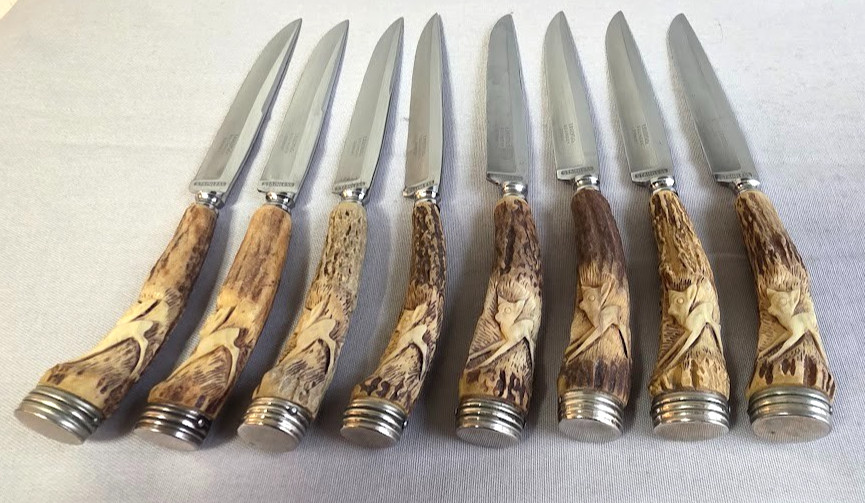 8 Genuine Carved Stag / Antler Handle Steak Knives E K Knecht Solingen Germany