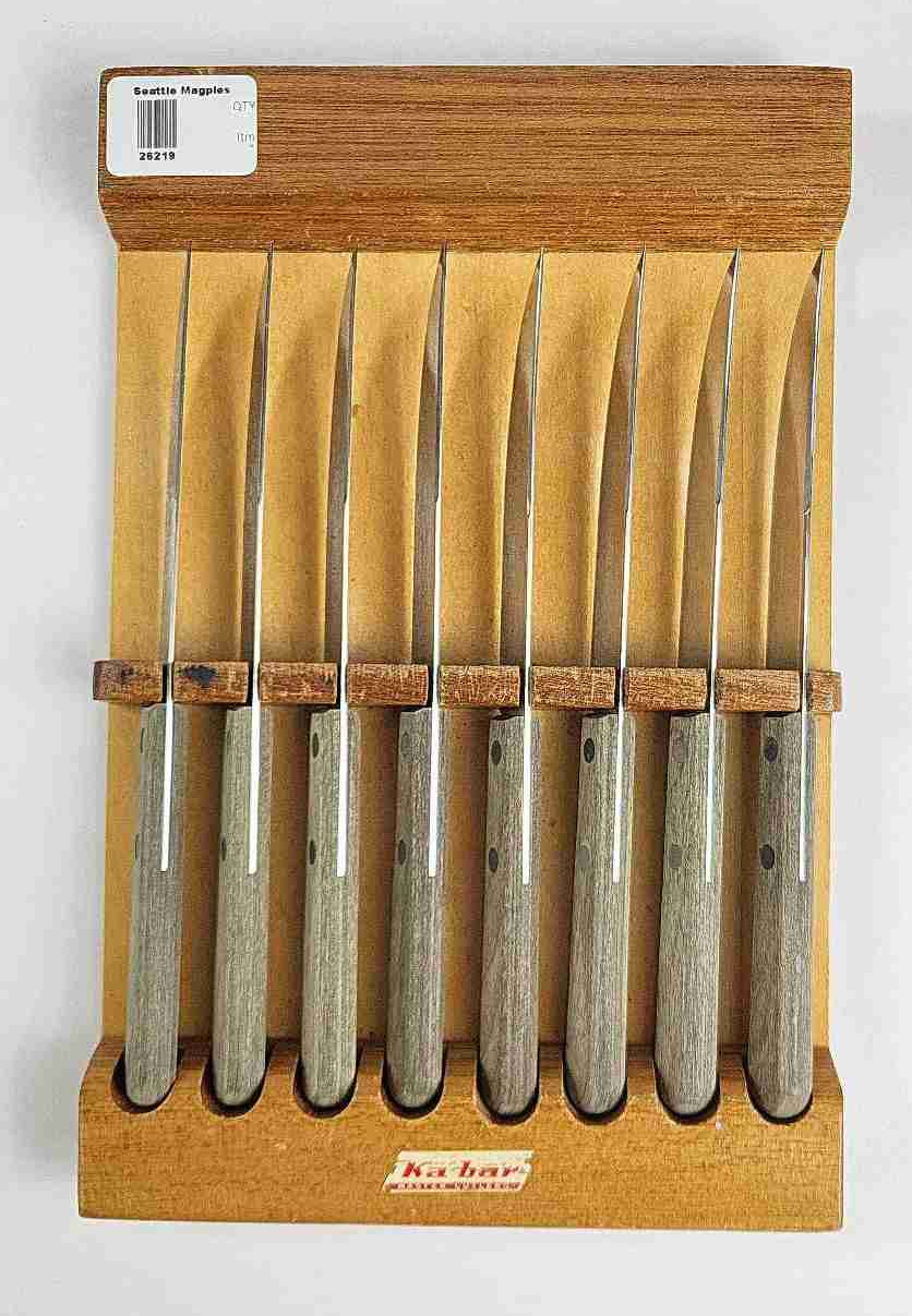 Vintage Ka-Bar Master Cutlers Stainless Kitchen Knife Set Of 8 Orig. Wood Holder