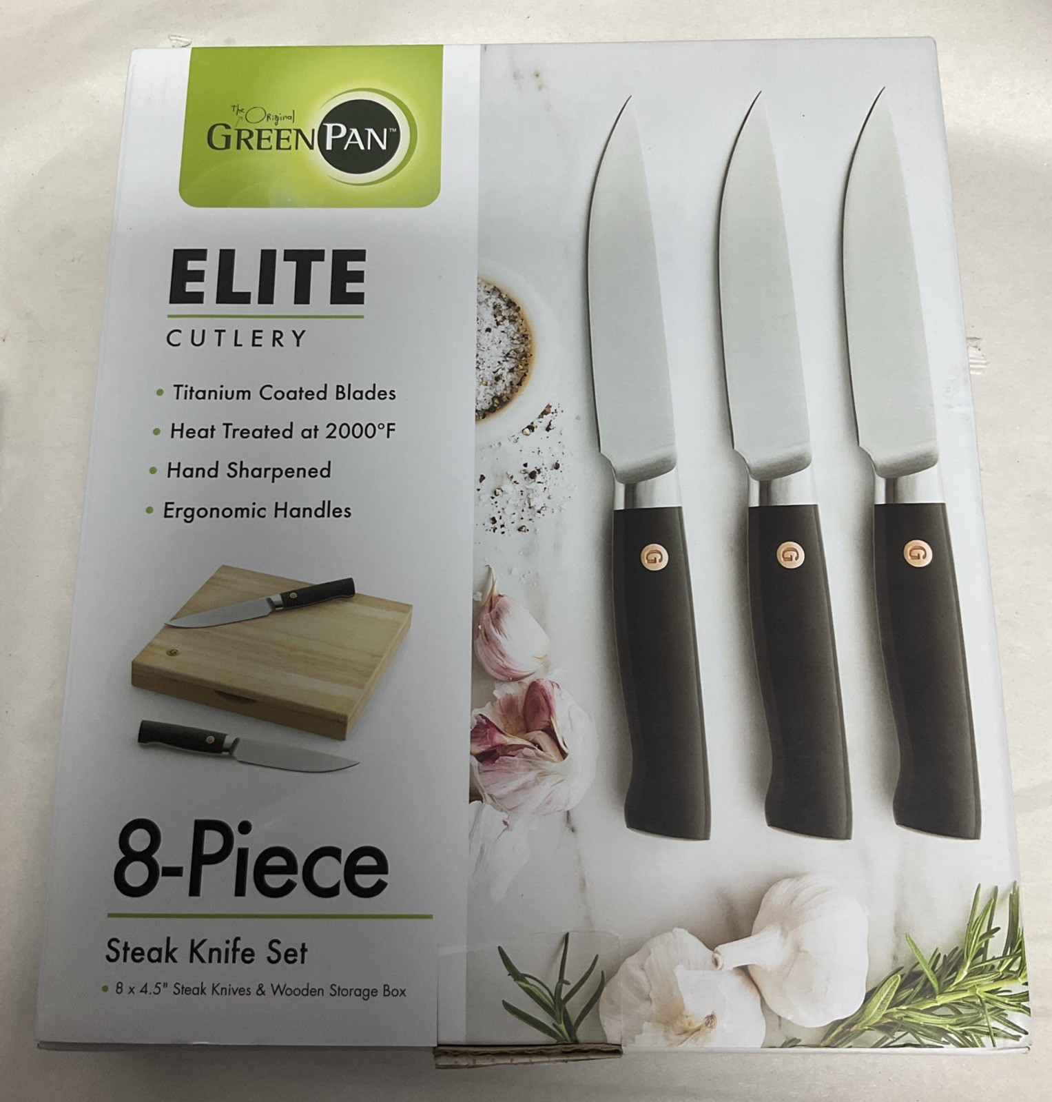 GreenPan Elite Black Steak Gift Set, Set of 8, Retail $250- Free S&H