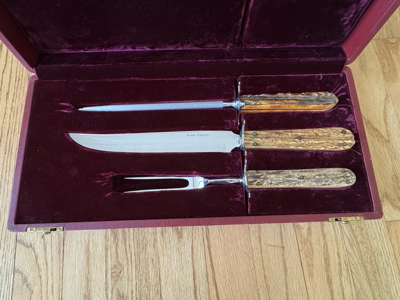 Vintage KA-BAR Stag Handle Carving Set Knife Fork Steel w/ Box