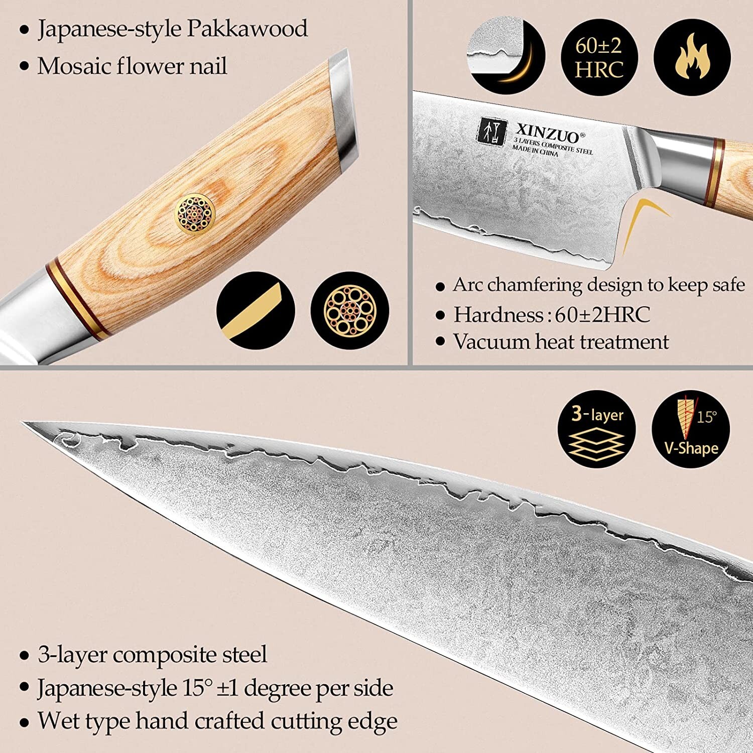 Xinzou B37S 5 Pcs Composite Stainless Steel Kitchen Knife Set Pakkawood Handle